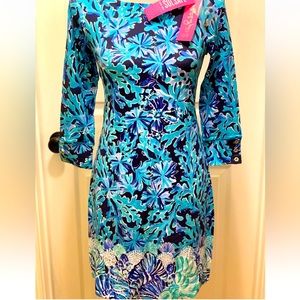 NWT LILLY PULITZER 50+ SOPHIE DRESS S BRIGHT NAVY IN TOO DEEP ENGINEERED